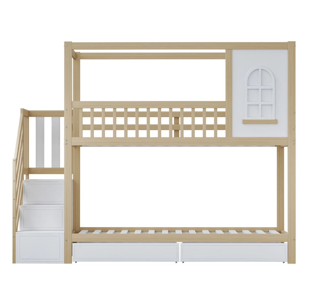 Letto a castello 90x200 cm legno naturale con cassetti e scala