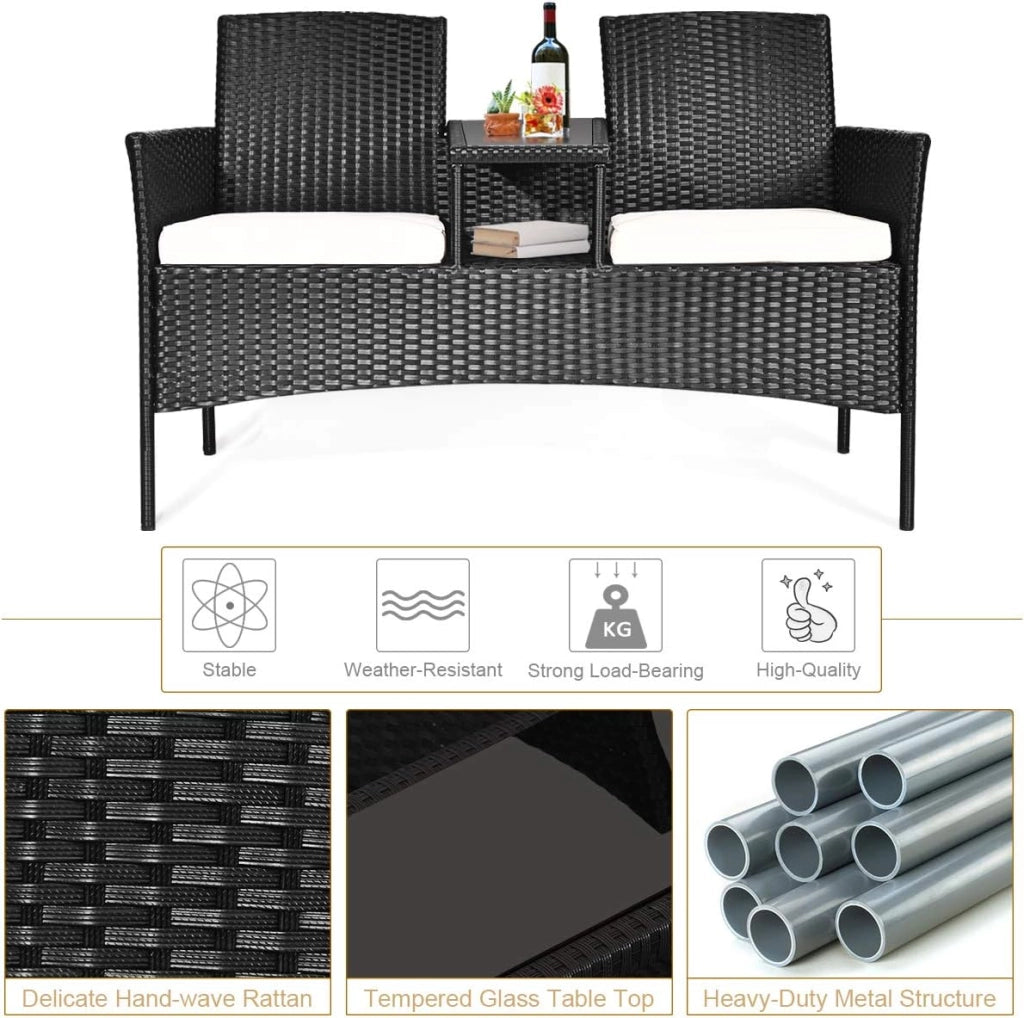 Panchina da Giardino in Polyrattan, 2 Posti, con Tavolo e Cuscino, Set da Giardino in Rattan, per Balcone, Terrazza, 138x62x85cm, 3 Colori (Bianco)