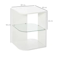 Comodino Moderno a 3 Livelli con Ripiano Regolabile, in Truciolato e Vetro Temperato, 40x40x56 cm, Bianco