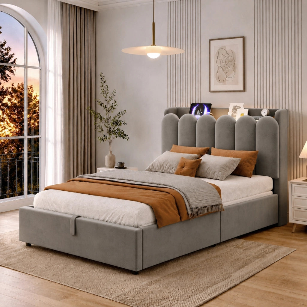 Letto Singolo 90x200 cm; Contenitore; USB e Type-C; Luce Notturna; in Velluto Grigio