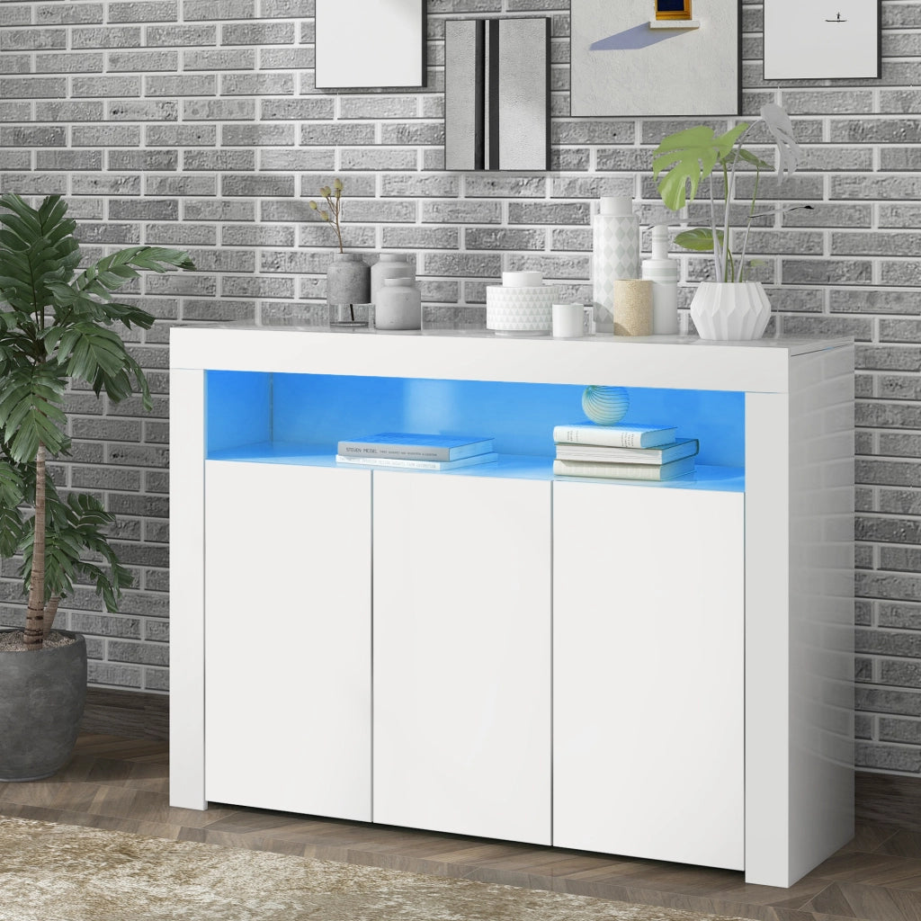 Credenza Bianca Lucida con LED Mobile Buffet 3 Ante 130x35x95 cm