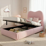 Letto imbottito per bambini in velluto rosa con contenitore idraulico e rete a doghe