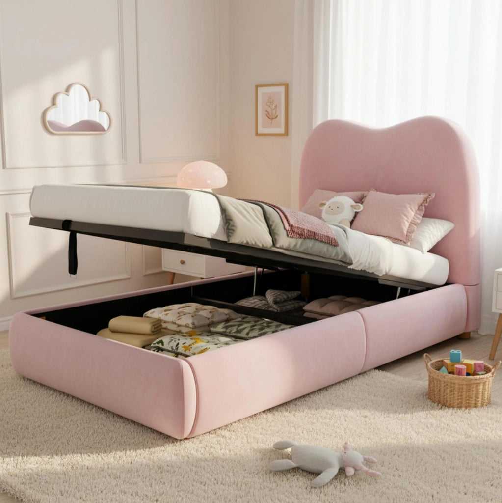 Letto imbottito per bambini in velluto rosa con contenitore idraulico e rete a doghe
