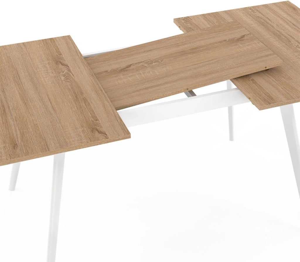 Tavolo rettangolare allungabile scandinavo INGA, 4-8 persone, piano in legno, gambe bianche 110-150 cm