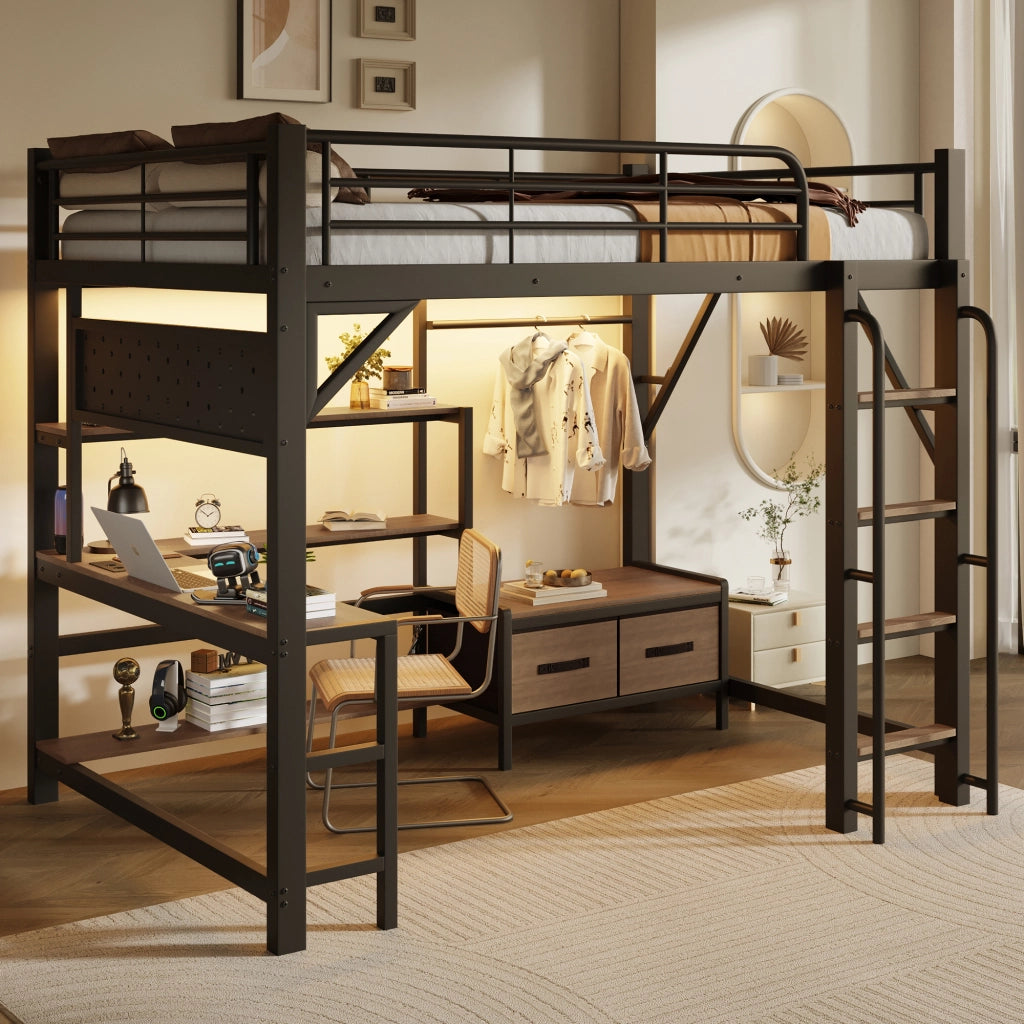 Letto a soppalco 140x200 cm con scrivania; LED e USB in MDF e metallo nero