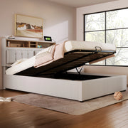 LETTO imbottito contenitore 160x200 cm in lino beige con USB e presa