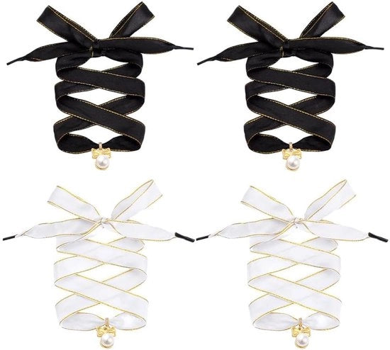 Sostituzione modelli per sneaker femminili, 4 pezzi, lacci in seta neri e bianchi con pietre strass, lunghezza 44 pollici.