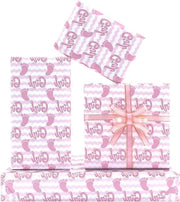 Papier da Regalo con Piedi di Bambina Rosa e Bianco a Strisce - 4 Fogli da 50x70cm con Fiocco di Seta Rosa