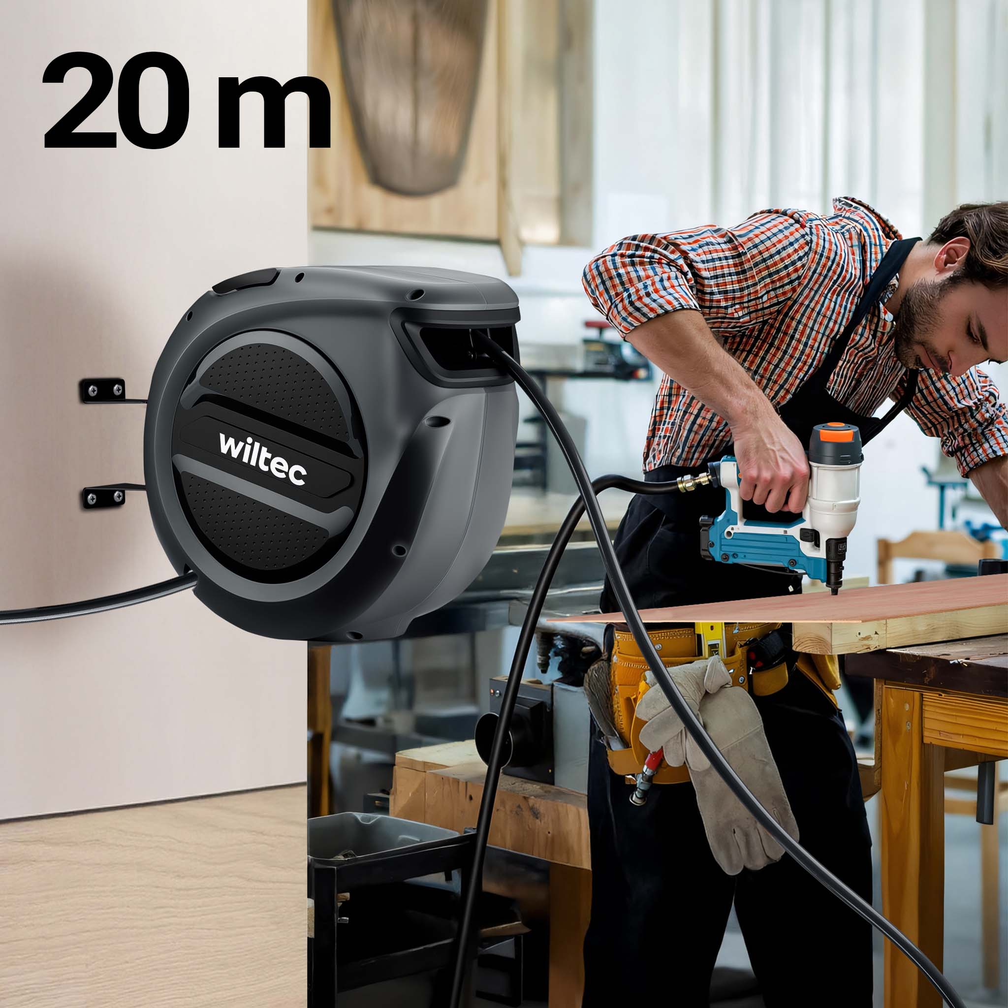 Avvolgitubo automatico per aria compressa 20 m, avvolgitubo in acciaio, 17 bar, con supporto girevole a 180°