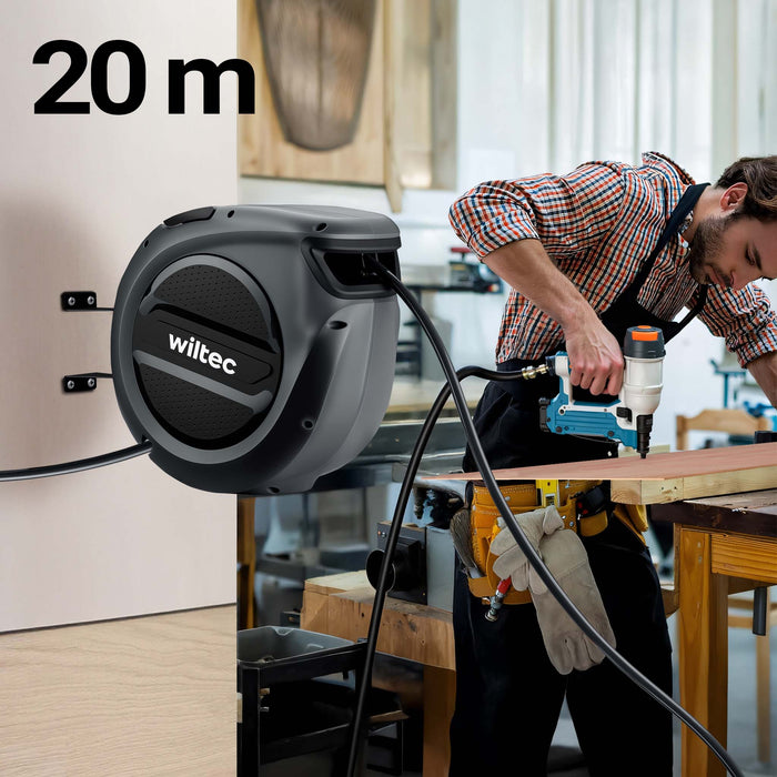 Avvolgitubo automatico per aria compressa 20 m, avvolgitubo in acciaio, 17 bar, con supporto girevole a 180°