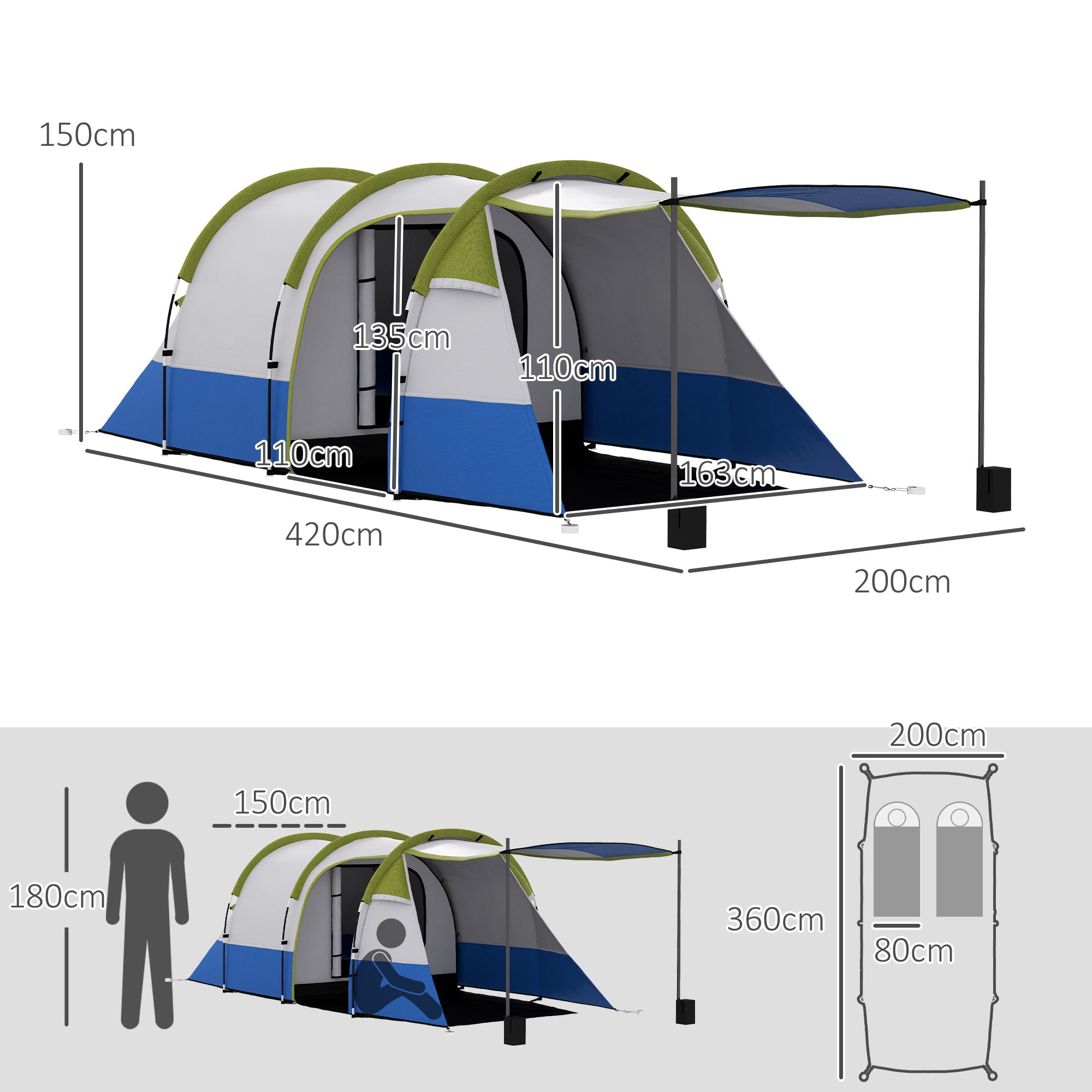 Tenda da Campeggio Impermeabile 420x200x150 cm con 2 Aree e 3 Ingressi in Poliestere e Fibra di Vetro Verde