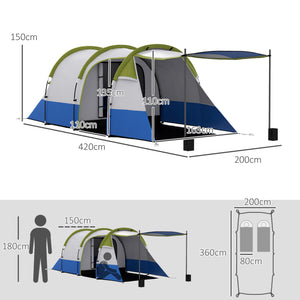 Tenda da Campeggio Impermeabile 420x200x150 cm con 2 Aree e 3 Ingressi in Poliestere e Fibra di Vetro Verde