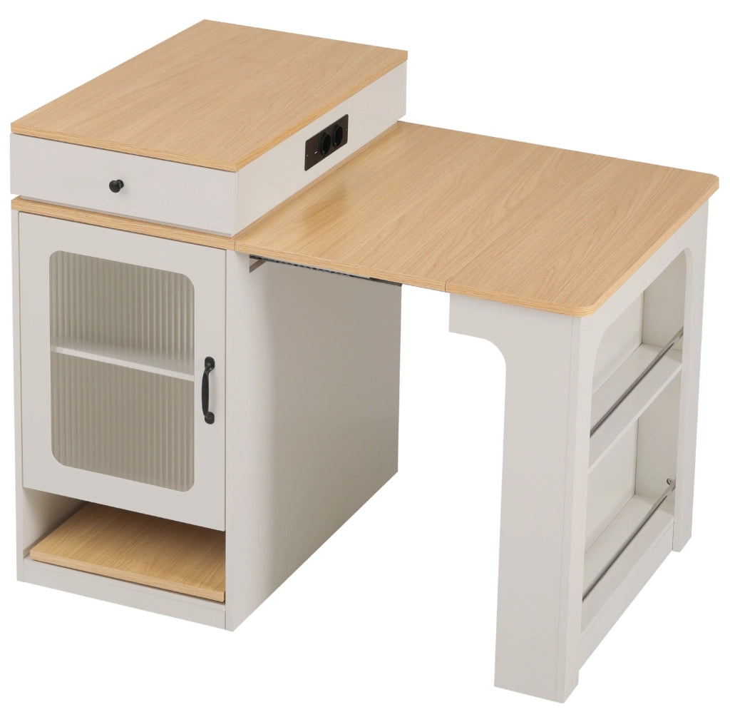 Isola da cucina con tavolo estensibile e prese integrate; MDF e vetro; bianco e naturale