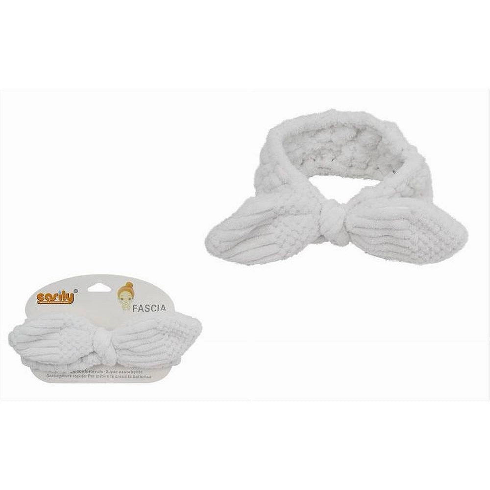 Trade Shop - Fascia Per Capelli Doccia Shampoo Trucco Spugna Con Fiocco Annodato Bianco 79612 -