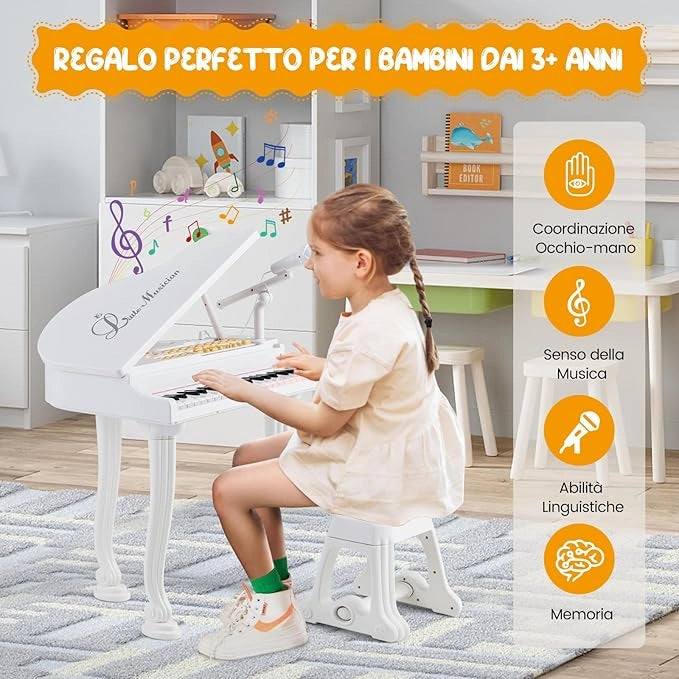 Pianoforte per Bambini a 37 Tasti, Set Pianoforte con Microfono Regolabile, con Funzione di Registrazione e Riproduzione, Giocattolo Tastiera Musicale per Bambini 3+ Anni (Bianco)