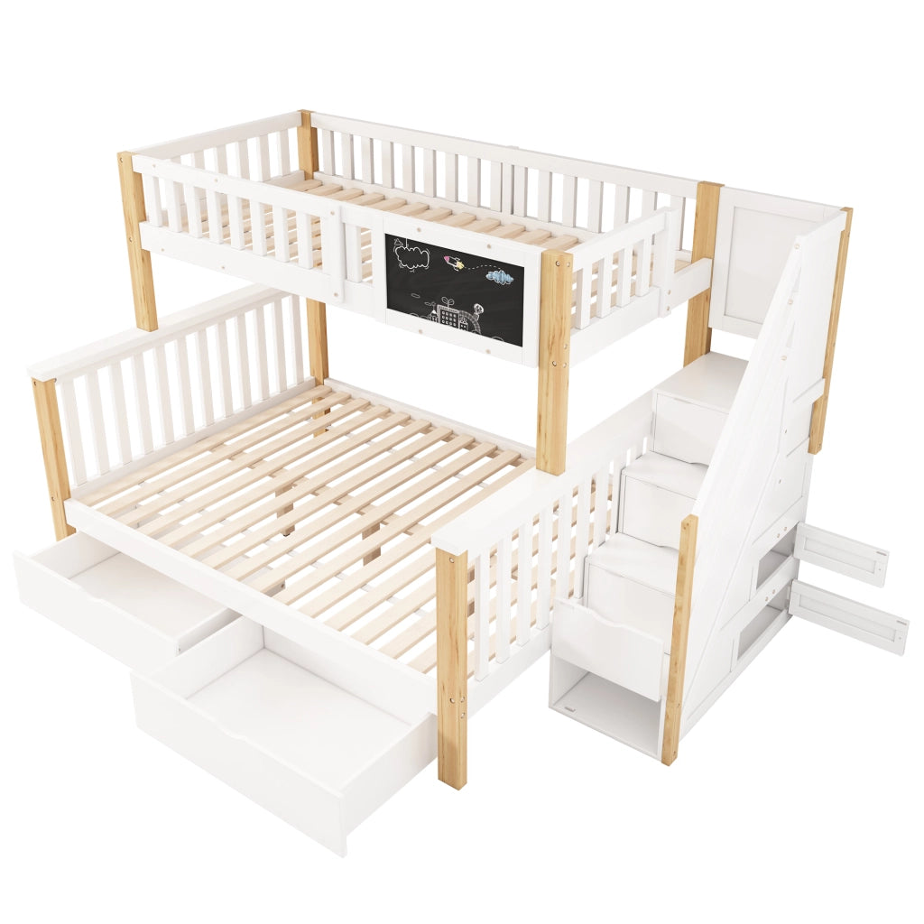 Letto a castello multifunzionale per bambini con lavagna e cassetti, bianco e rovere chiaro, 90x200 cm + 140x200 cm