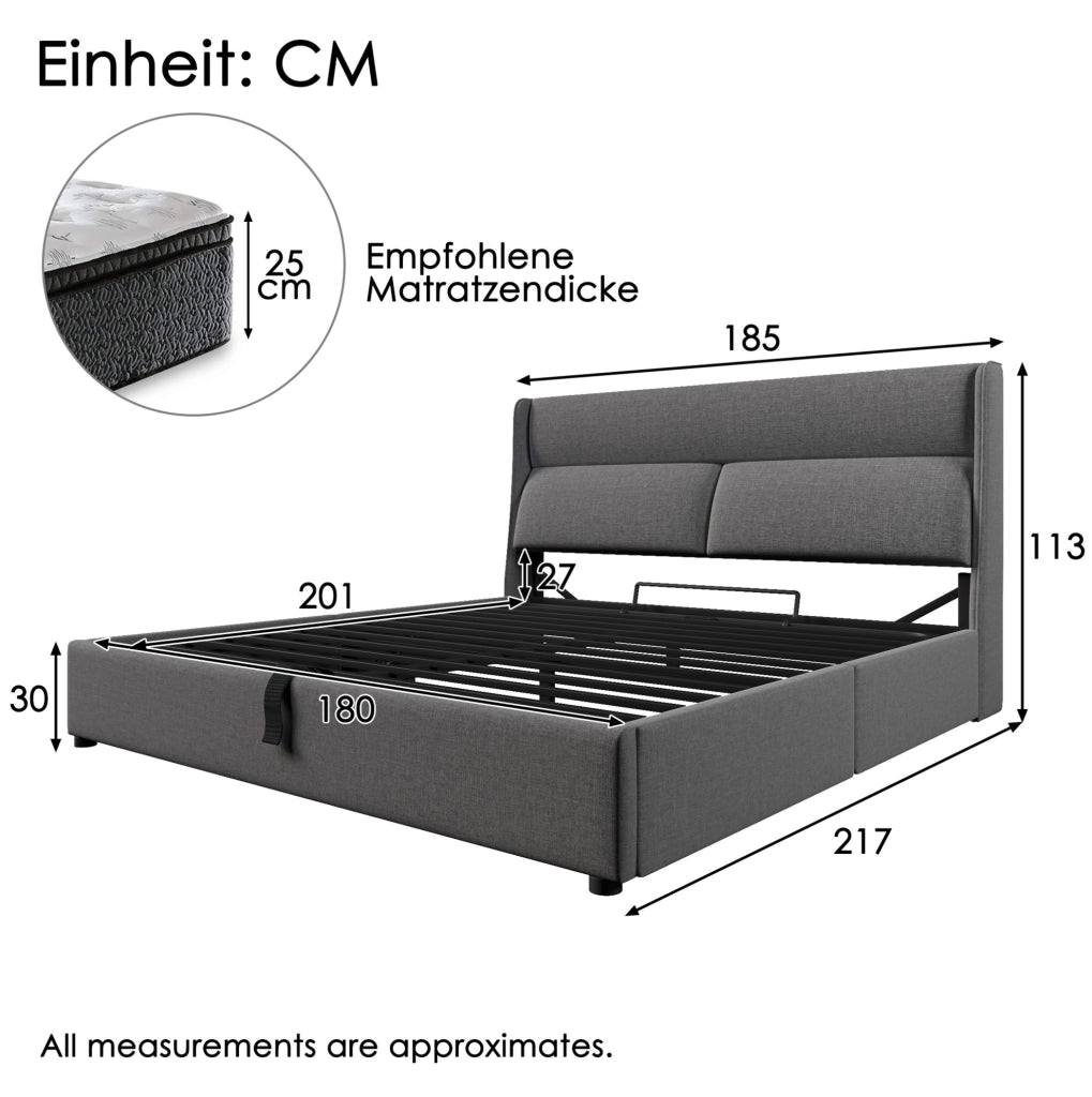 Letto matrimoniale con contenitore 180x200 cm; testiera regolabile in lino grigio