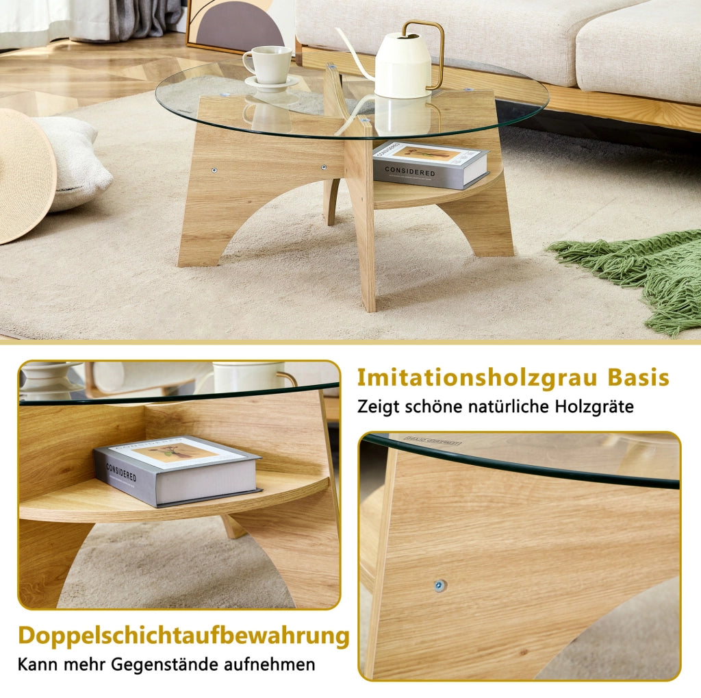 Tavolino da caffè rotondo ? 80 cm in vetro trasparente e MDF effetto legno