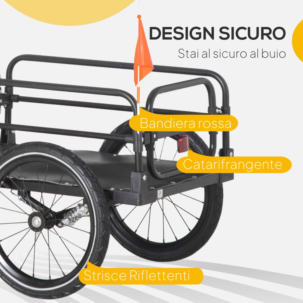 Carrello Bici da 70L con 2 Ruote da 16" 2 Catarifrangenti e Bandierina 125x64x53,5 cm in Acciaio e PE Nero