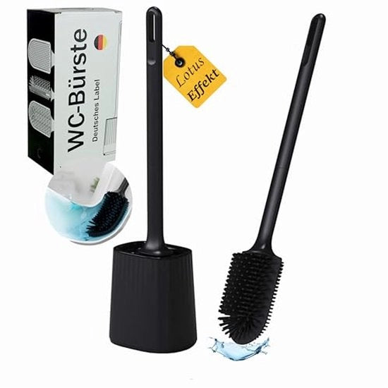 Asciugamano per toilette in silicone, spazzola per il bagno, spazzola per il water con contenitore per l'asciugatura rapida, per la pulizia delle pareti, manico lungo, fissaggio alla parete senza perforazione (nero).