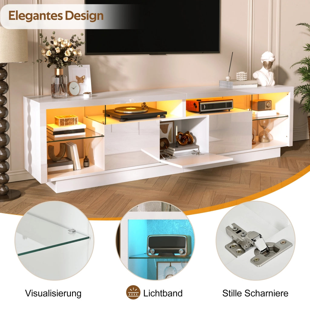 Mobile porta TV con 3 ante, vani aperti in vetro e LED, per soggiorno, in legno truciolare bianco, 200 × 38 × 55 cm