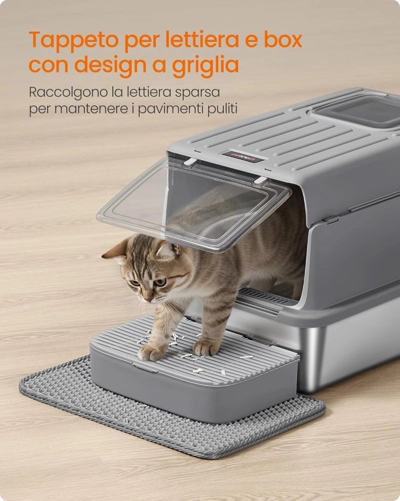 Feandrea Lettiera per Gatti in Acciaio Inox, Toilette per Gatti fino a 15 kg con Coperchio, con Paletta, Tappetino per Lettiera e 2 Ingressi, Grigio Tortora PPT007GN01