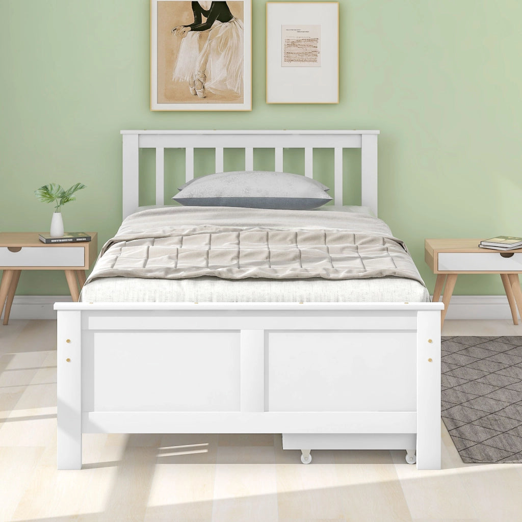 Letto con Cassetti 90x200 cm; Letto Singolo - 2 Cassetti - in Legno Massello - Bianco