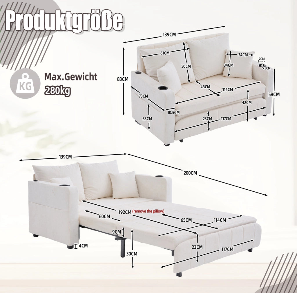 Divano letto convertibile 139x73x83 cm beige con USB, portabicchieri e tasche