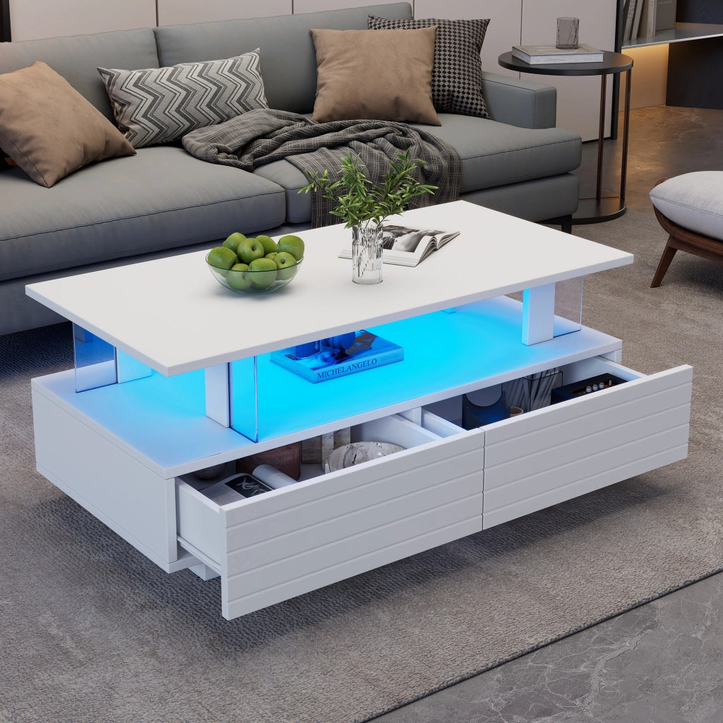 Tavolino da caffè con 2 cassetti; LED - per soggiorno - 100×50×42 cm - bianco