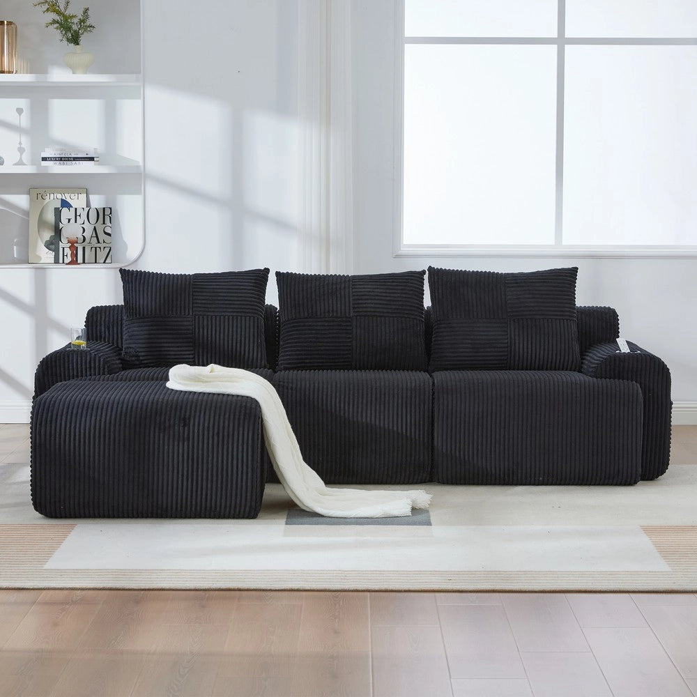 Divano 3 posti Nero con contenitore ¨C Minimal ¨C Tessuto con porta bevande e tasche laterali
