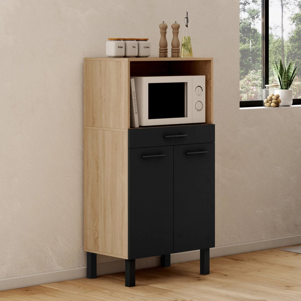 IDMarket - Credenza CINA 60 cm in faggio e nero per microonde di fascia media con 1 cassetto e 2 ante