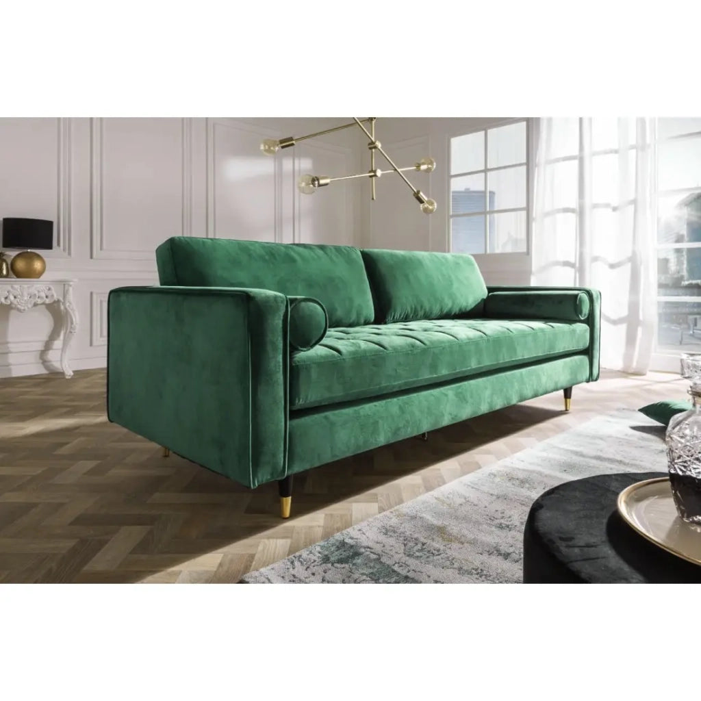 Divano KOLIRI a 3 posti verde smeraldo – Divano di design in velluto con struttura in legno massiccio
