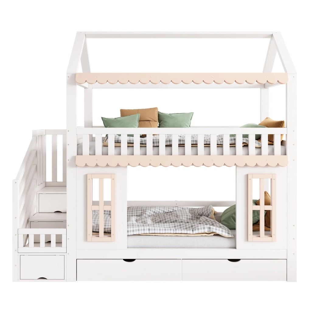Letto a castello a casetta 90x200 cm con scala contenitore