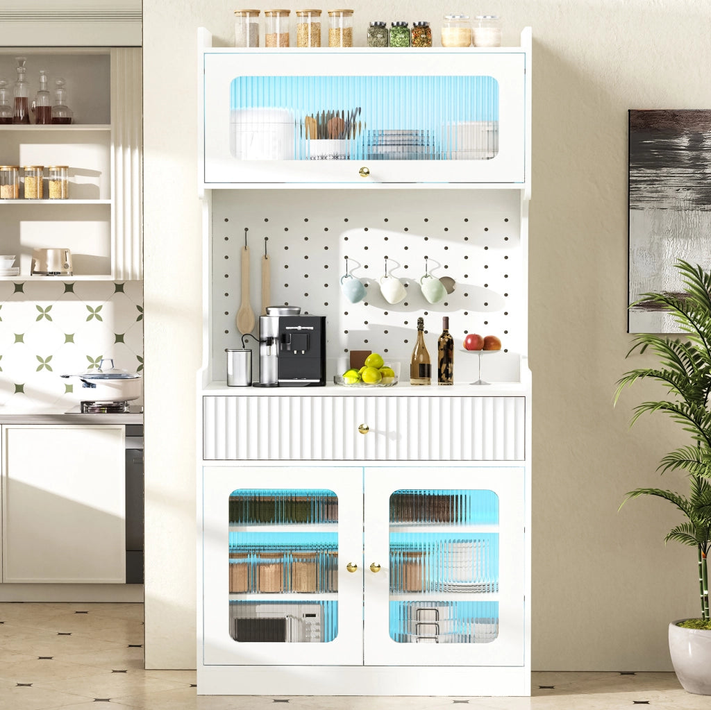 Credenza 80x40x180 cm con LED; ripiani regolabili e anta ribaltabile in MDF e truciolare bianco