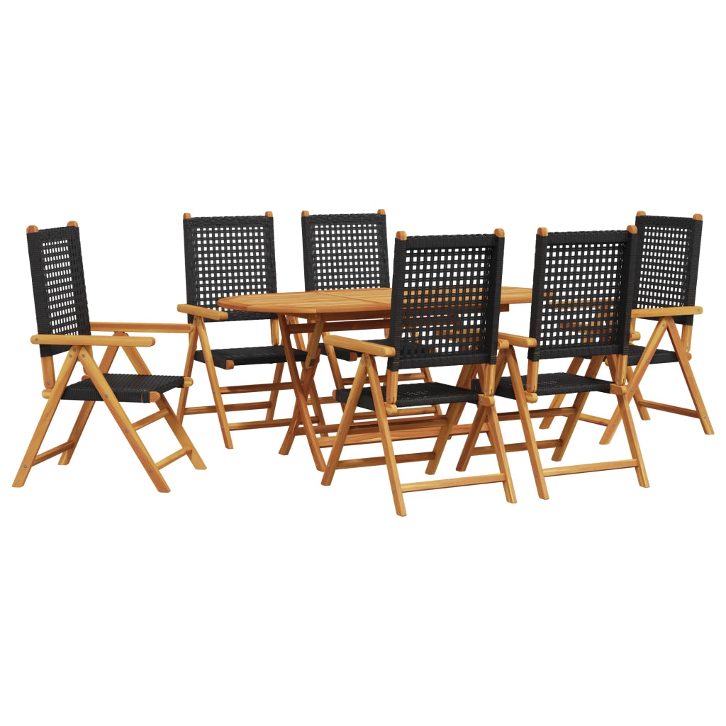 Set da Pranzo da Giardino da 7 Pezzi in Nero Legno Massello di Acacia e Polyrattan