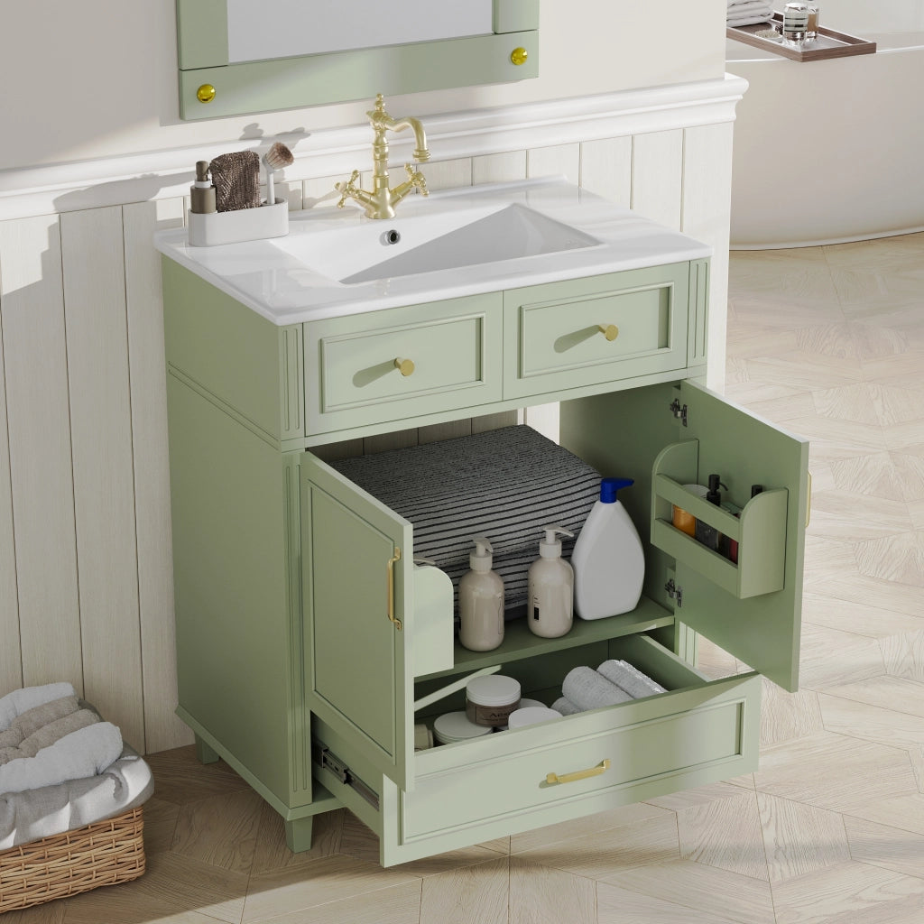 Mobile Sottolavabo con Lavabo in Ceramica ¨C MINIMAL ¨C Cassetto Soft-Close, Verde, 81x45.5x86.5 cm