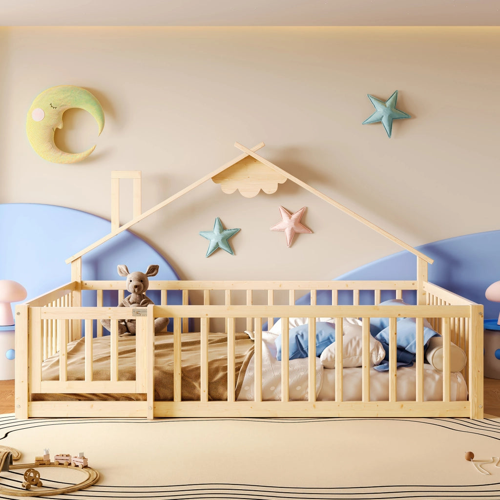 Letto Casetta 140×190 cm; Singolo con Sponda e Chiusura; senza Materasso; in Pino e MDF; Naturale