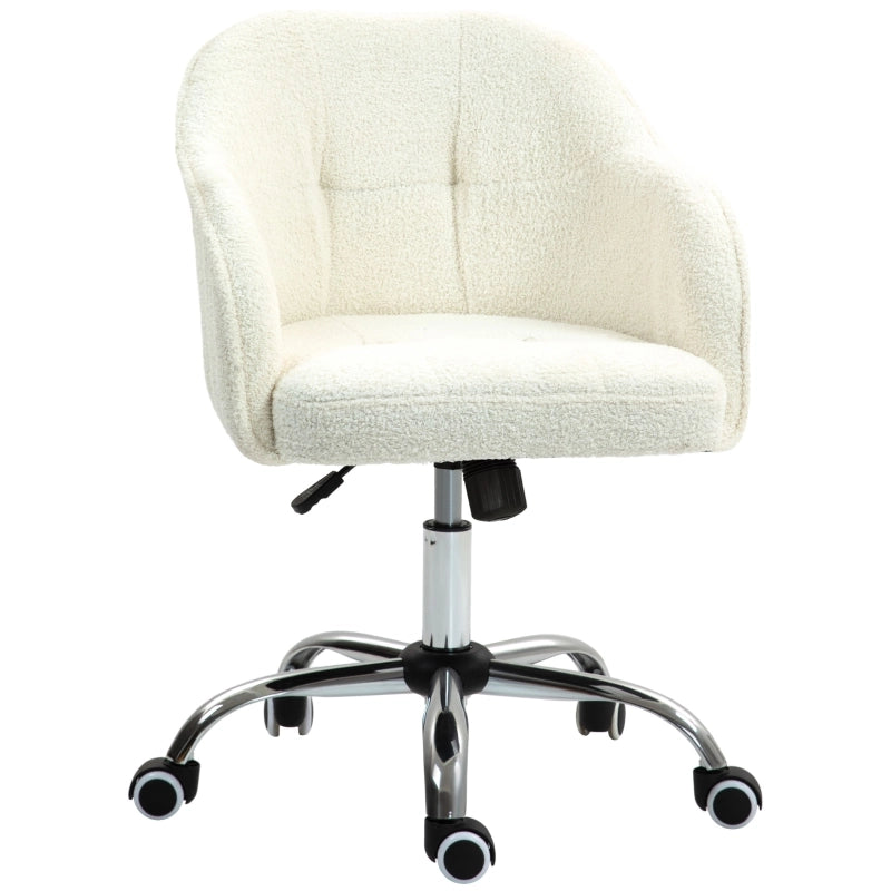Sedia da ufficio girevole ergonomica con altezza regolabile e rotelle in tessuto teddy bianco crema