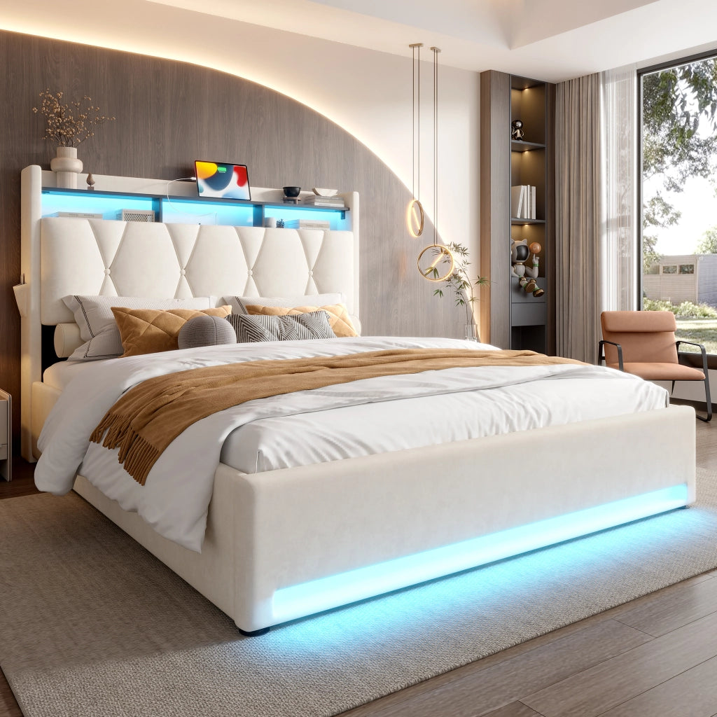 OKWISH Letto Contenitore 160×200 cm, Letto Matrimoniale con LED Regolabile, USB, Tipo C e Mensole, senza Materasso, in Velluto, Beige
