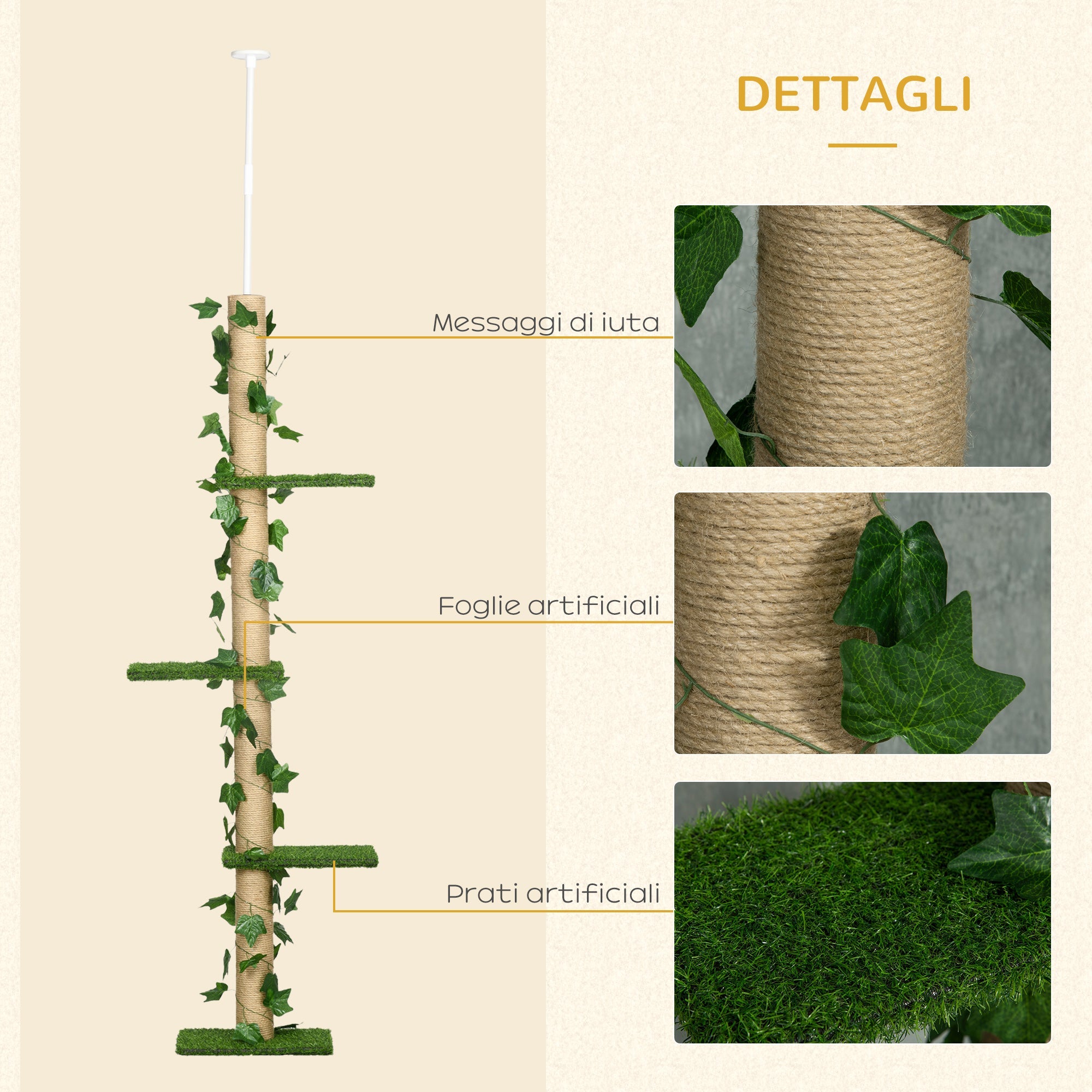 Albero Tiragraffi per Gatti Asta Regolabile a Soffitto Alto 202-242 cm Verde