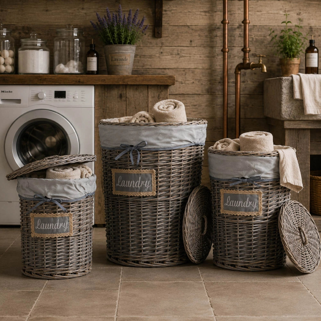 Set 3/5 Pezzi Ceste Portabiancheria in Vimini con Coperchio e Fodera Interna in Tessuto, Contenitori Multiuso per Bucato, Bagno, Lavanderia e Camera da Letto, Design Shabby Chic   3 Ceste QuincyTipo6