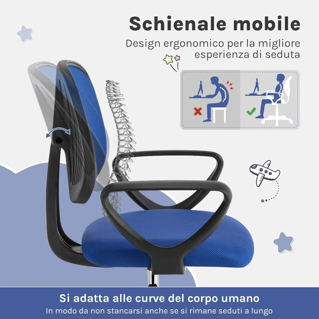 Sedia da Scrivania per Bambini, Sedia da Studio Girevole, Sedie Ergonomica con Ruote, Tessuto a Rete Traspirante, Sgabello Girevole con Schienale Regolabile Automaticamente, Blu, K0005BS