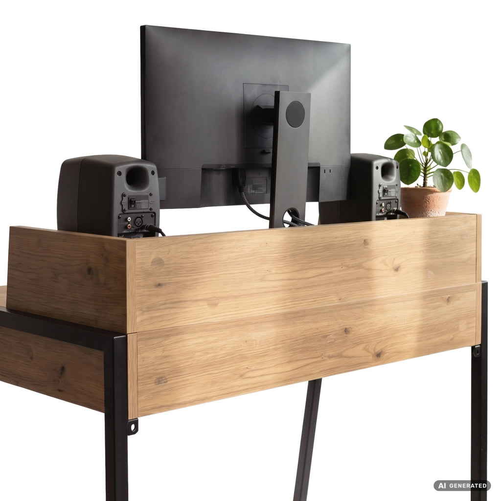 Scrivania industriale per computer Rovere Artisan FLUX 78 cm 2 cassetti 1 ripiano gambe nere
