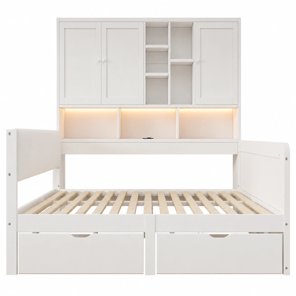 Letto contenitore 140x200 con illuminazione LED, porte USB, cassetti e testiera imbottita in PU, bianco