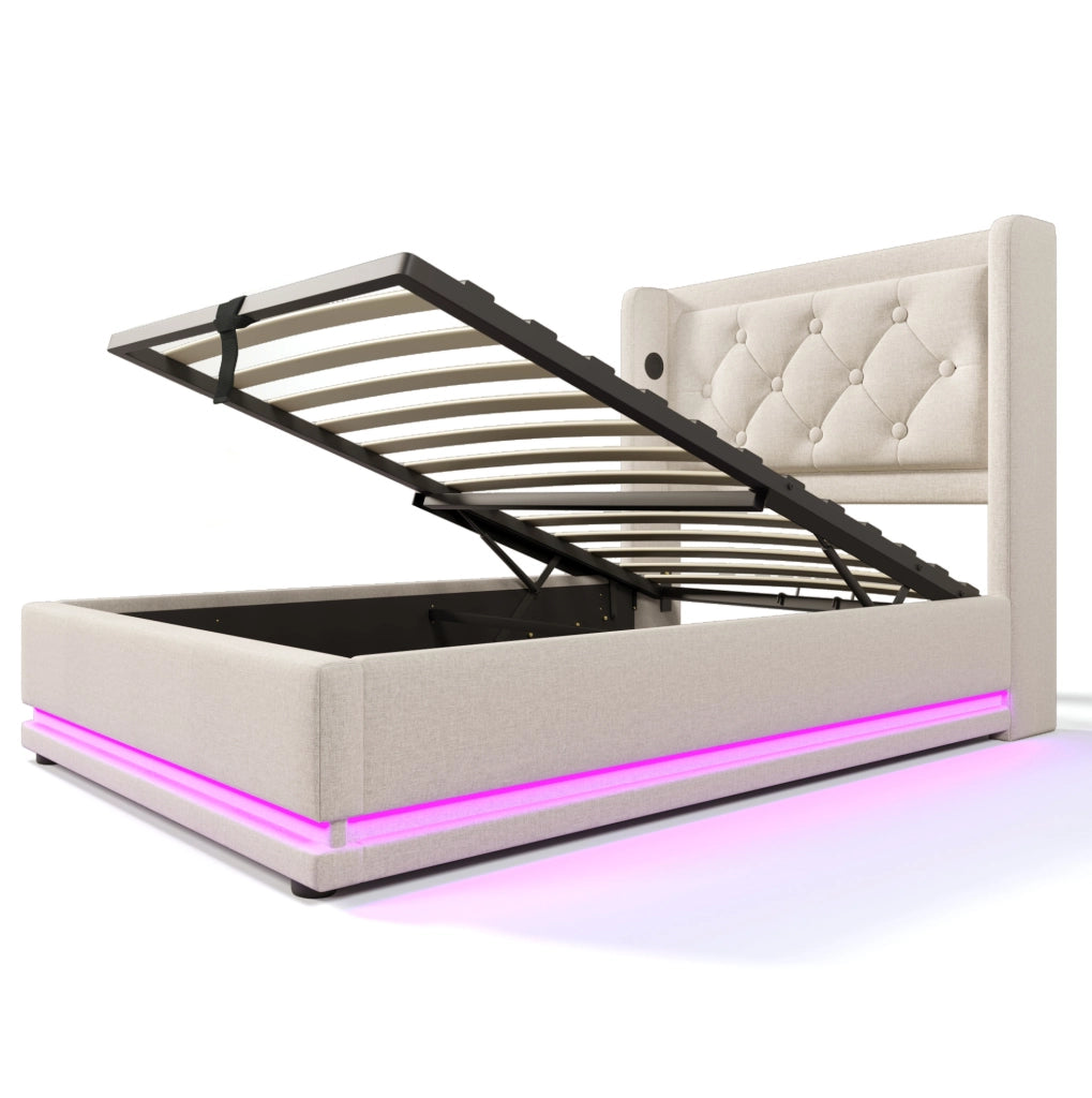 Letto imbottito 90x200 cm con contenitore, USB-C e LED in cotone beige