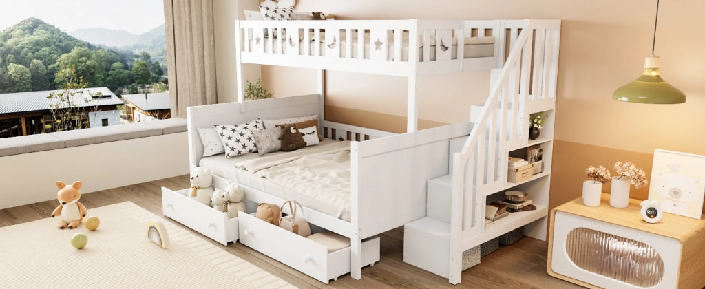 DESMIU Letto a castello 2 posti con scala contenitore e 2 cassetti, 90 × 200 e 140 × 200 cm, senza materasso