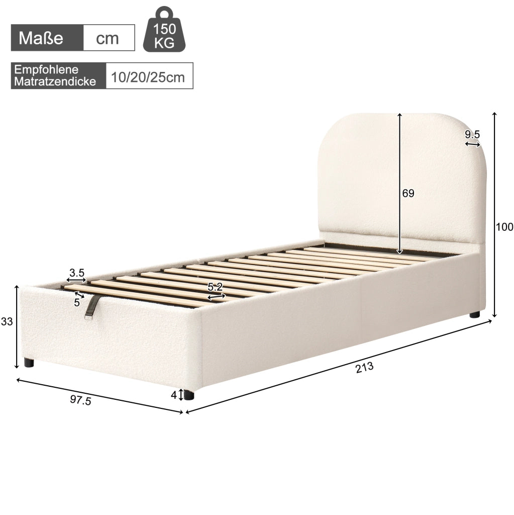 Letto per bambini 90x200 cm con contenitore idraulico; tessuto bouclé beige