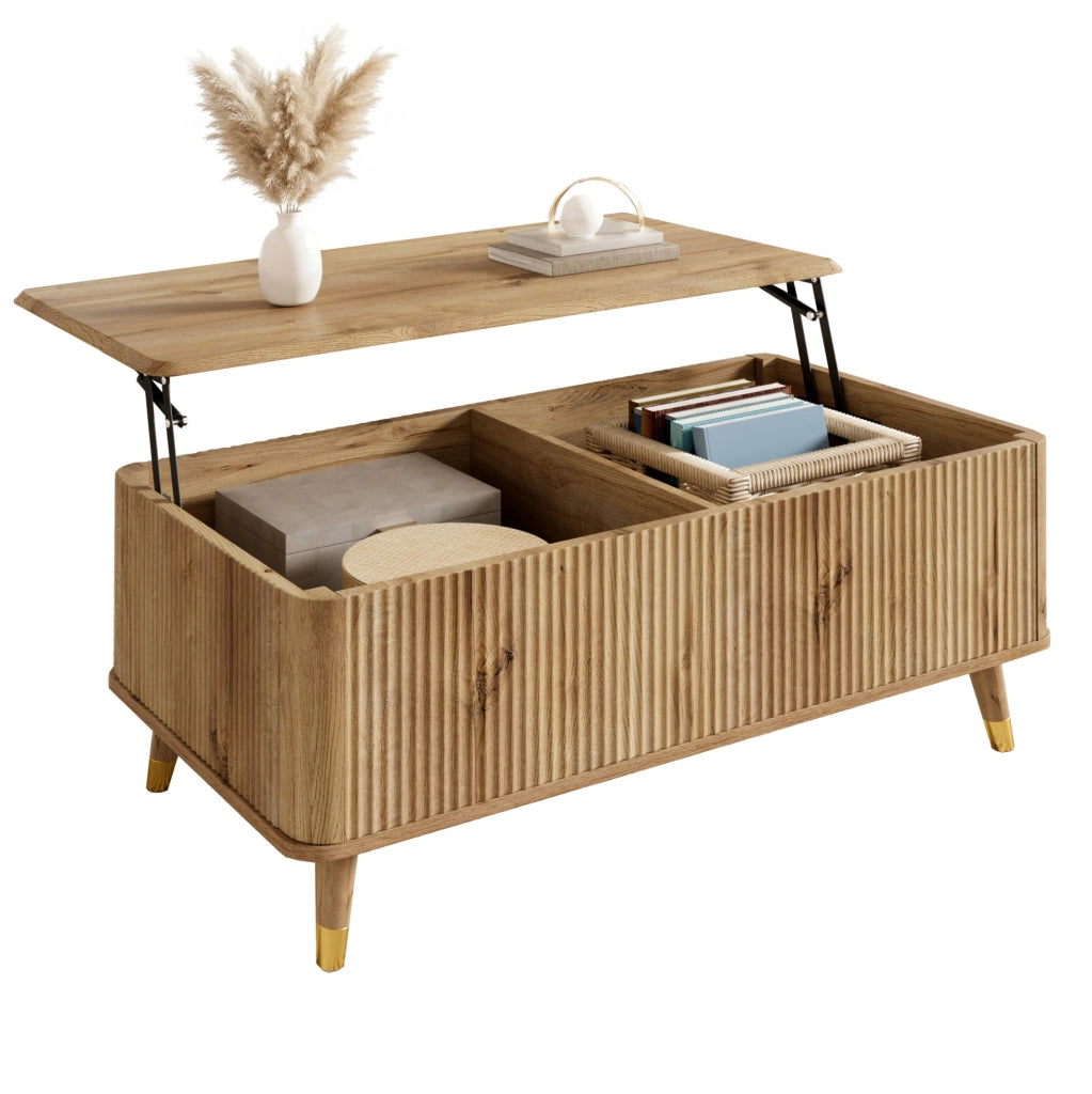 Tavolino da caffè sollevabile con vano contenitore 97x52x56;5 cm MDF e legno naturale