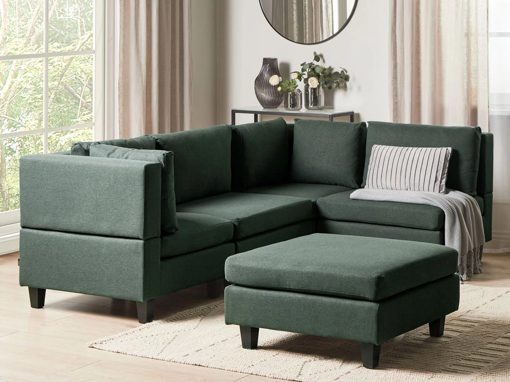 Divano componibile a 4 posti imbottito in tessuto verde scuro gambe nere lato sinistro con ottomana stile moderno