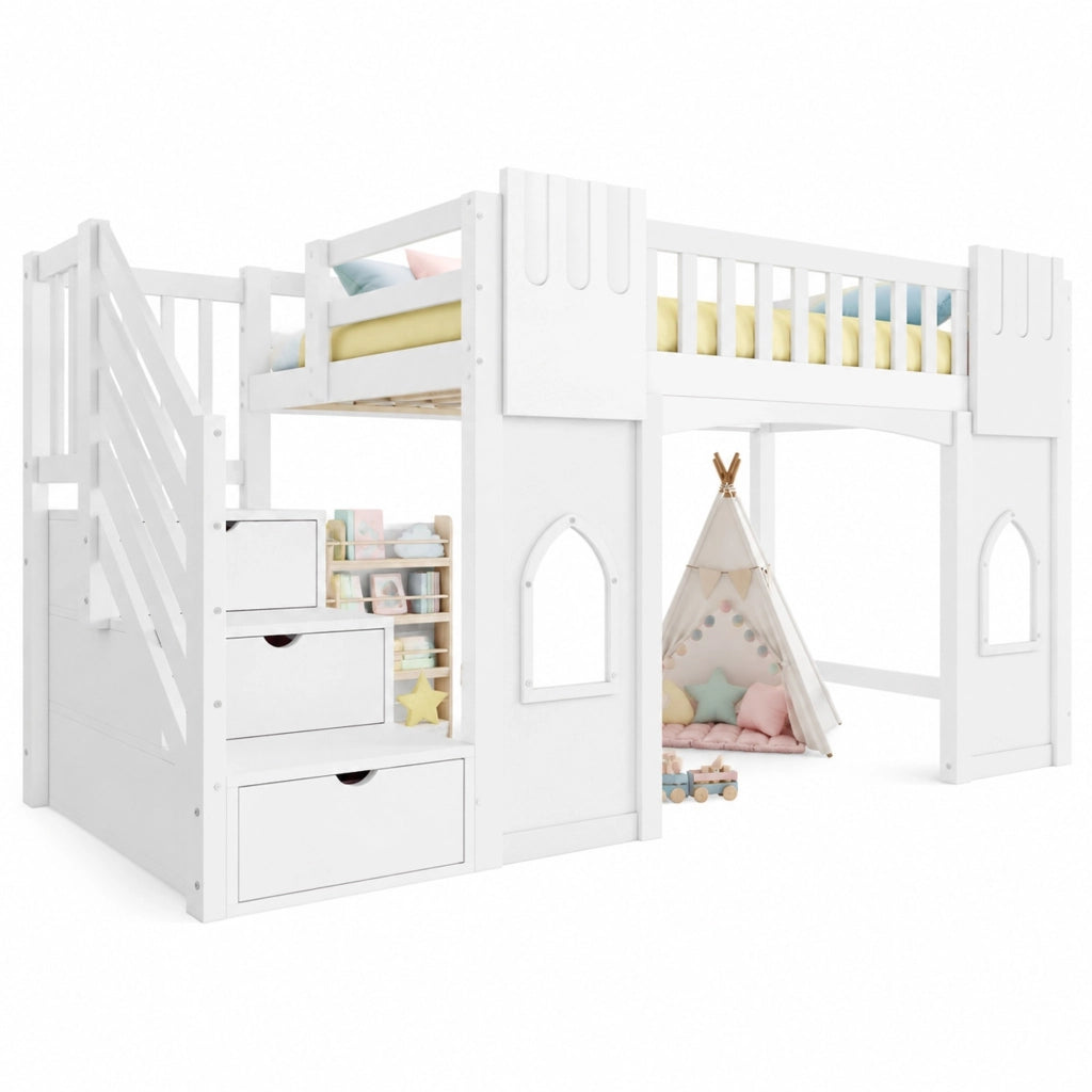 Letto a soppalco 90x200 cm con scala contenitore e finestre